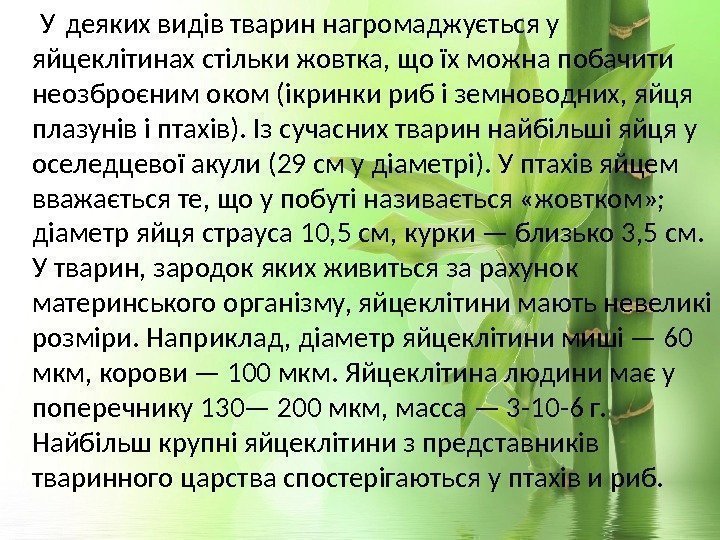  У деяких видів тварин нагромаджується у яйцеклітинах стільки жовтка, що їх можна побачити