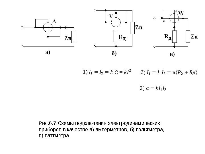 Рис. 6. 7 Схемы подключения электродинамических приборов в качестве а) амперметров, б) вольтметра, 