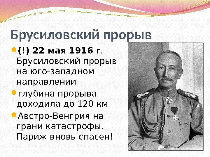 Брусиловский прорыв (!) 22 мая 1916 г.  Брусиловский прорыв на юго-западном направлении глубина