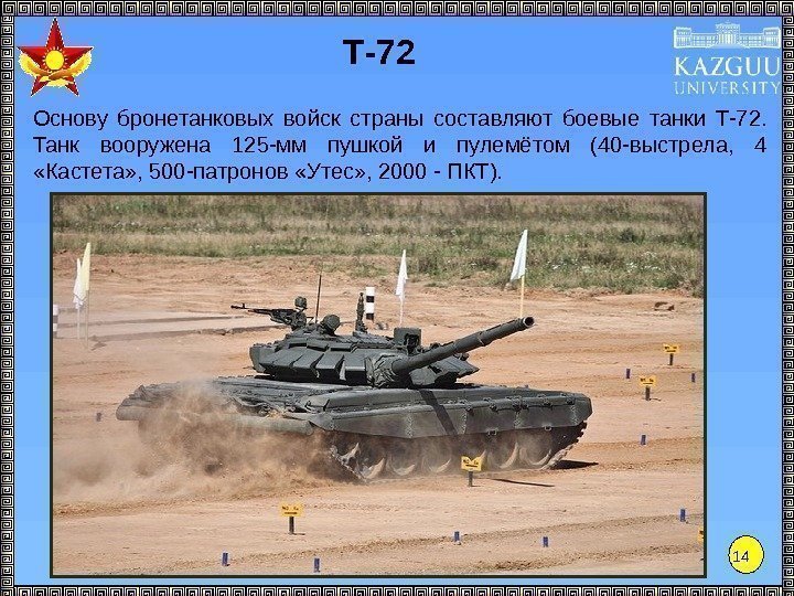 14 Основу бронетанковых войск страны составляют боевые танки Т-72.  Танк вооружена 125 -мм
