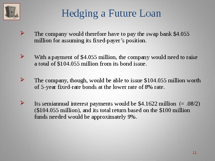 11 Hedging a Future Loan The company would therefore have to pay the swap