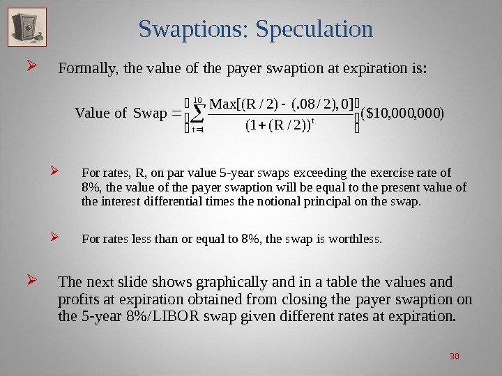 30 Swaptions: Speculation Formally, the value of the payer swaption at expiration is: 