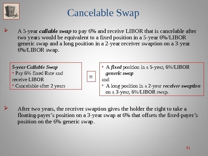 61 Cancelable Swap A 5 -year callable swap to pay 6 and receive LIBOR