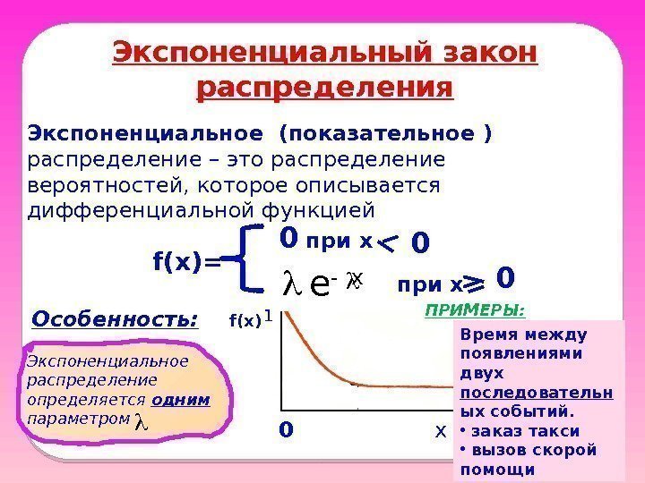 Экспоненциальный закон распределения Экспоненциальное (показательное ) распределение – это распределение вероятностей, которое описывается дифференциальной