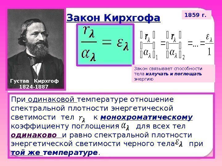 Закон Кирхгофа Густав  Кирхгоф 1824 -1887  При одинаковой температуре отношение спектральной плотности