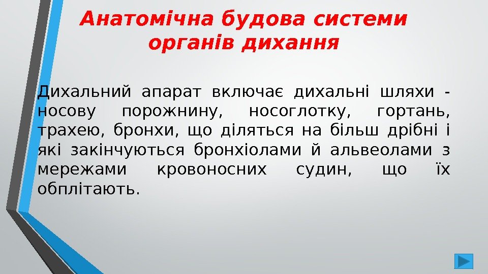 Анатомічна будова системи органів дихання Дихальний апарат включає дихальні шляхи - носову порожнину, 