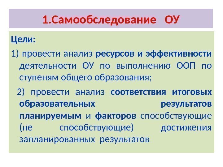 1. Самообследование  ОУ Цели:  1)  провести анализ ресурсов и эффективности деятельности