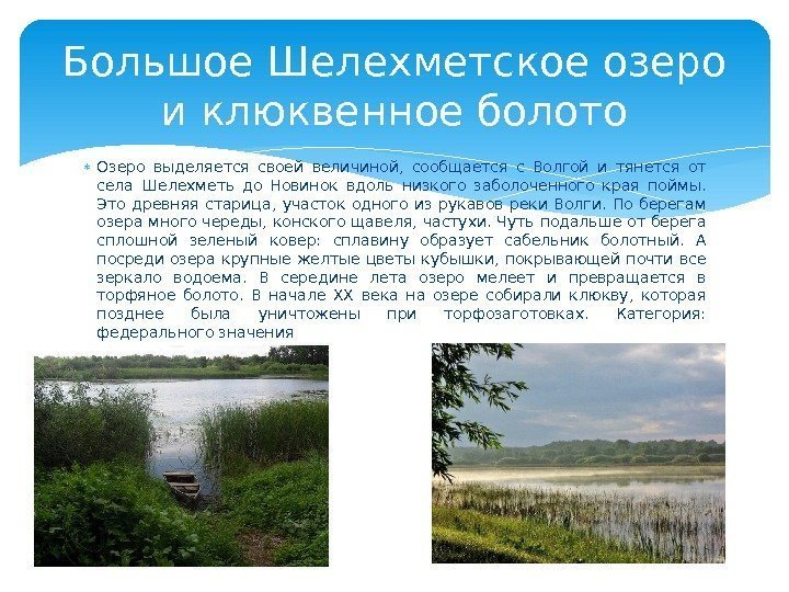  Озеро выделяется своей величиной,  сообщается с Волгой и тянется от села Шелехметь