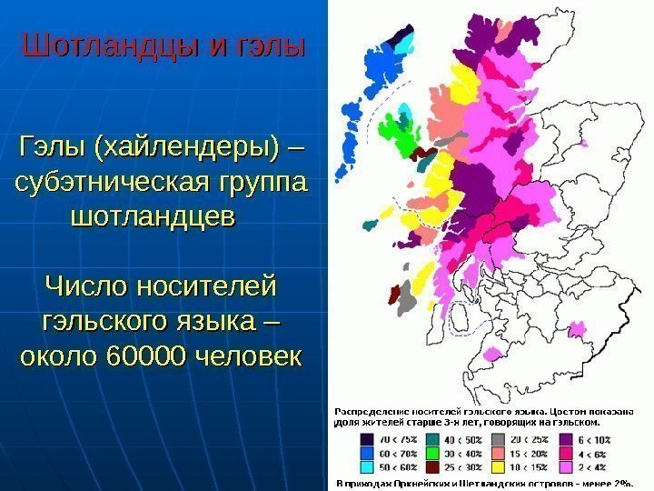  Шотландцы и гэлы Гэлы (хайлендеры) – субэтническая группа шотландцев  Число носителей гэльского