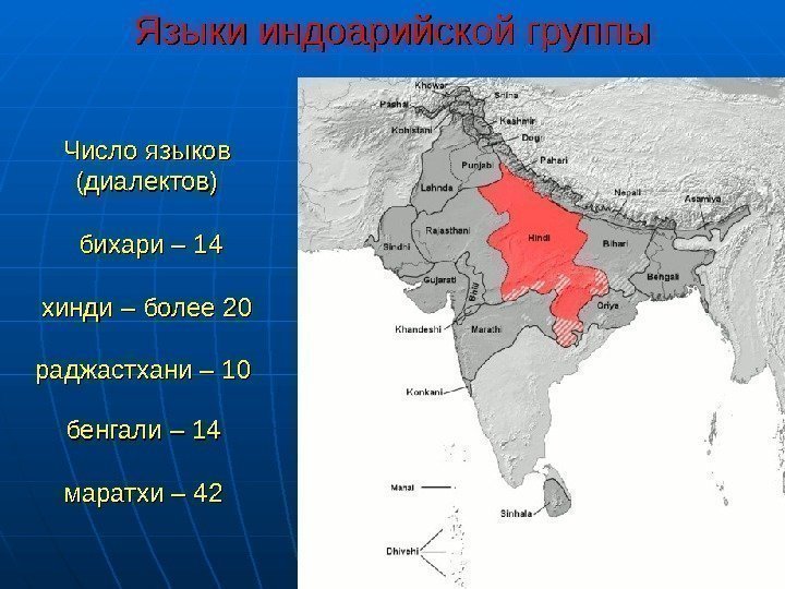  Языки индоарийской группы  Число языков (диалектов) бихари – 14 хинди – более