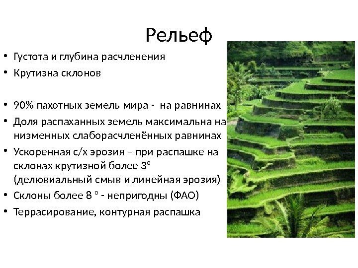 Рельеф • Густота и глубина расчленения • Крутизна склонов • 90 пахотных земель мира