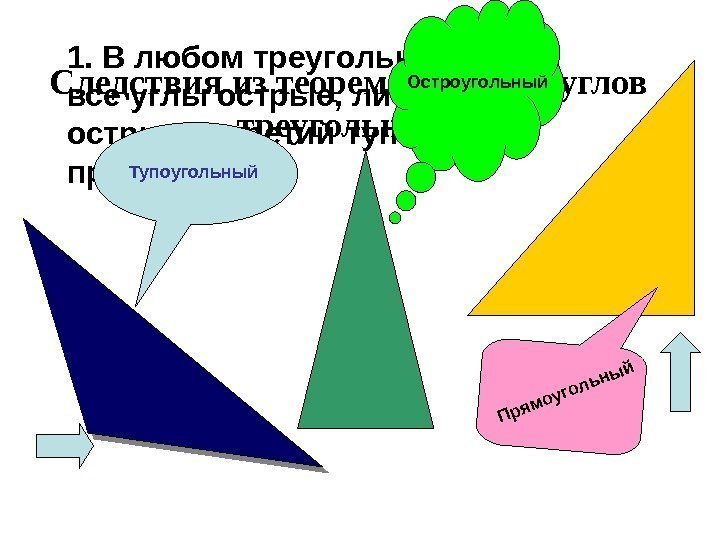   Следствия из теоремы о сумме углов треугольника 1. В любом треугольнике либо
