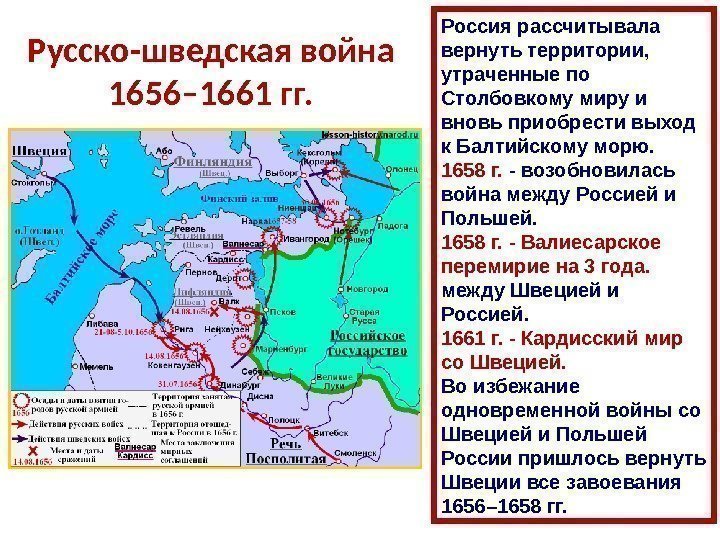 Русско-шведская война 1656– 1661 гг. Россия рассчитывала вернуть территории,  утраченные по Столбовкому миру