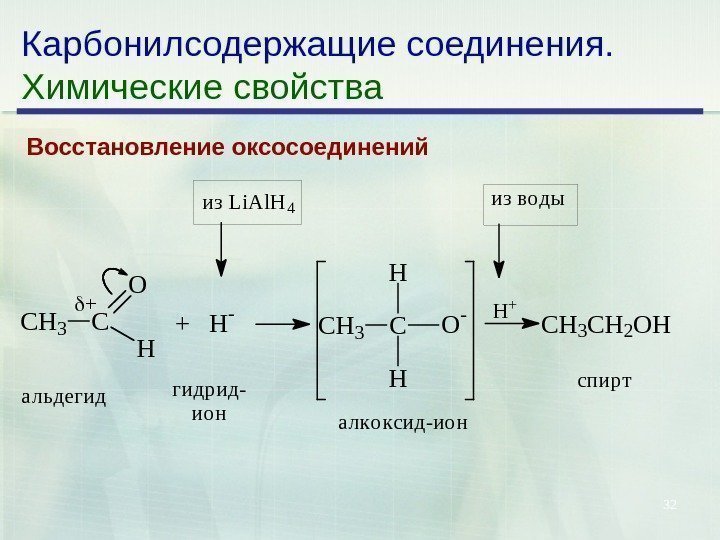 32 Карбонилсодержащие соединения. Химические свойства Восстановление оксосоединений  CH 3 C O H +