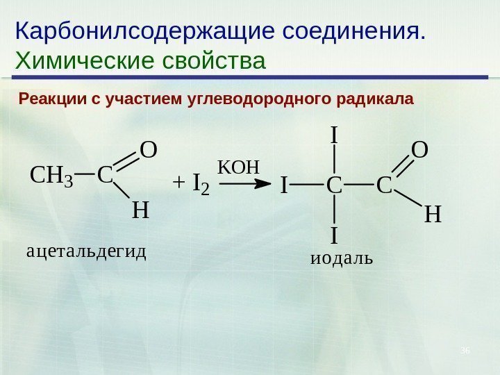 36 Карбонилсодержащие соединения. Химические свойства Реакции с участием углеводородного радикала. CH 3 C O