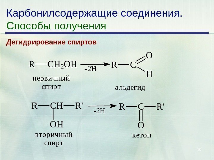 10 Карбонилсодержащие соединения. Способы получения Дегидрирование спиртов. RCH 2 OH -2 H RC O