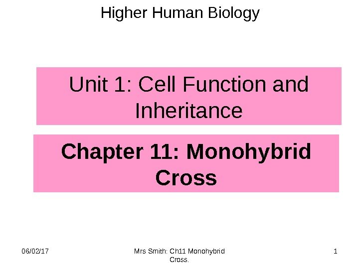 Chapter 11: Monohybrid Cross. Higher Human Biology  Unit 1: Cell Function and Inheritance