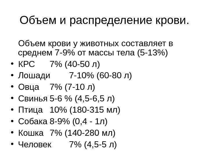   Объем и распределение крови. Объем крови у животных составляет в среднем 7