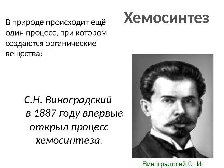 Хемосинтез С. Н. Виноградский  в 1887 году впервые открыл процесс хемосинтеза. В природе