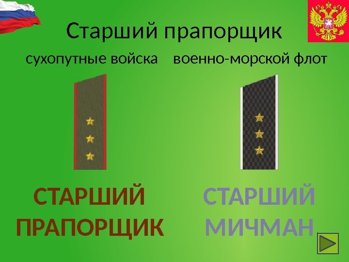 Старший прапорщик  сухопутные войска  военно-морской флот СТАРШИЙ ПРАПОРЩИК СТАРШИЙ МИЧМАН 