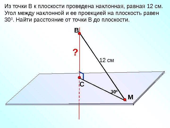 В С MИз точки В к плоскости проведена наклонная, равная 12 см.  Угол