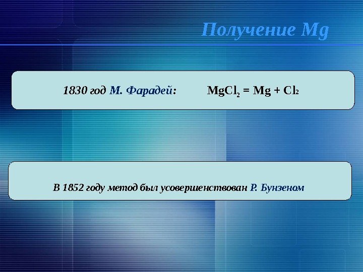 1830 год М. Фарадей :   Mg. Cl 2 = Mg + Cl