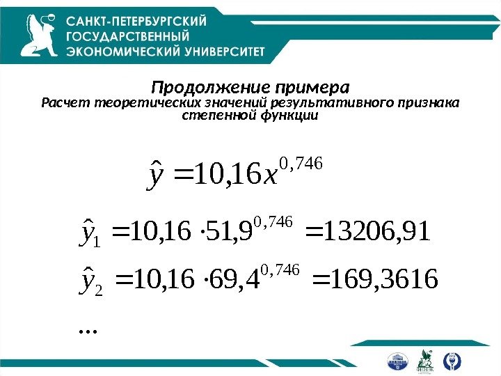 Продолжение примера Расчет теоретических значений результативного признака степенной функции 746, 016, 10ˆxy. . .