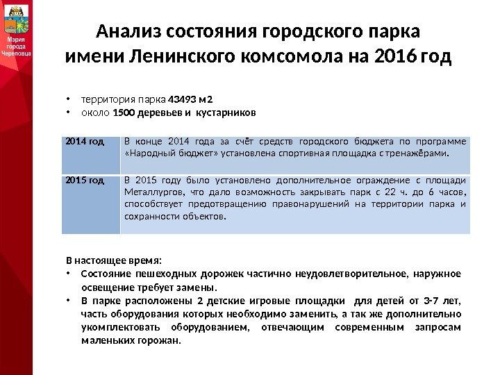 Анализ состояния городского парка имени Ленинского комсомола на 2016 год • территория парка 43493
