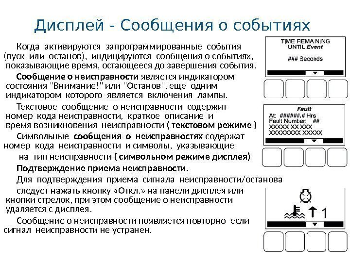 Дисплей - Сообщения о событиях Когда активируются запрограммированные события (пуск или останов),  индицируются