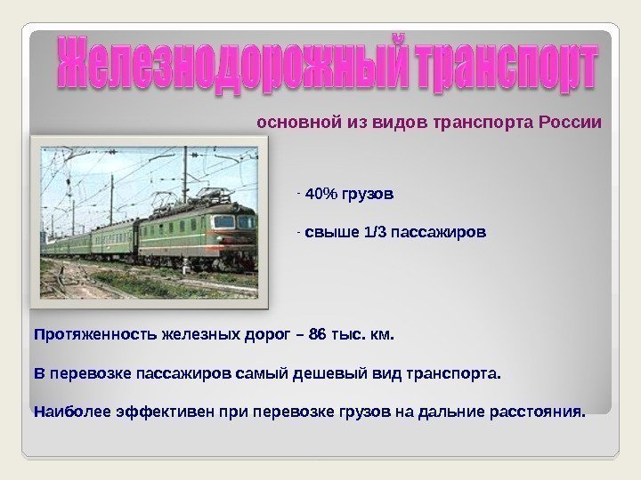 основной из видов транспорта России -  40 грузов -  свыше 1/3 пассажиров