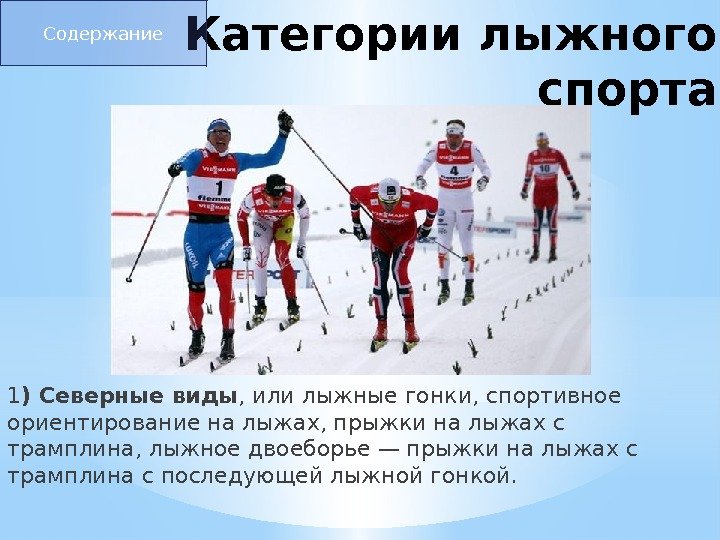 Категории лыжного спорта 1 ) Северные виды , или лыжные гонки, спортивное ориентирование на