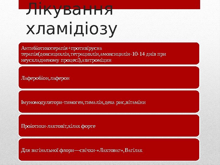 Лікування хламідіозу Антибіотикотерапія+противірусна терапія(доксициклін, тетрациклін, амоксицилін-10 -14 днів при неускладненому процесі), азитроміцин Лаферобіон, лаферон