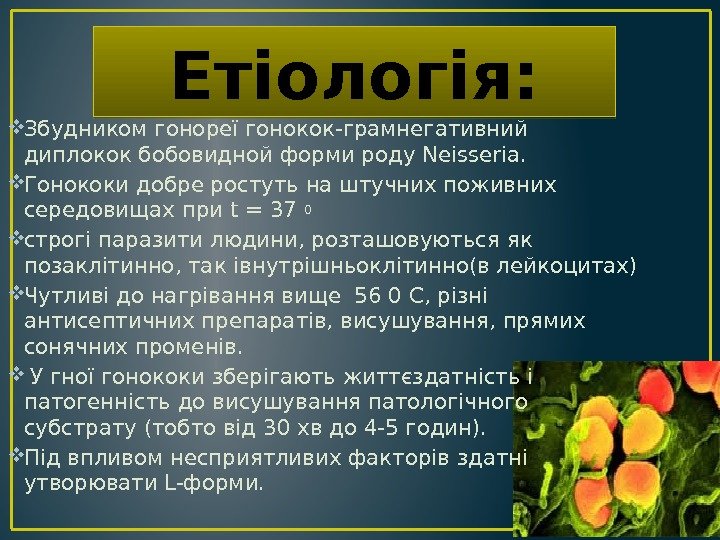 Етіологія:  Збудником гонореї гонокок-грамнегативний диплокок бобовидной форми роду Neisseria. Гонококи добре ростуть на