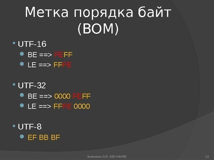 Метка порядка байт (BOM)  UTF-16  BE == FE FF  LE ==
