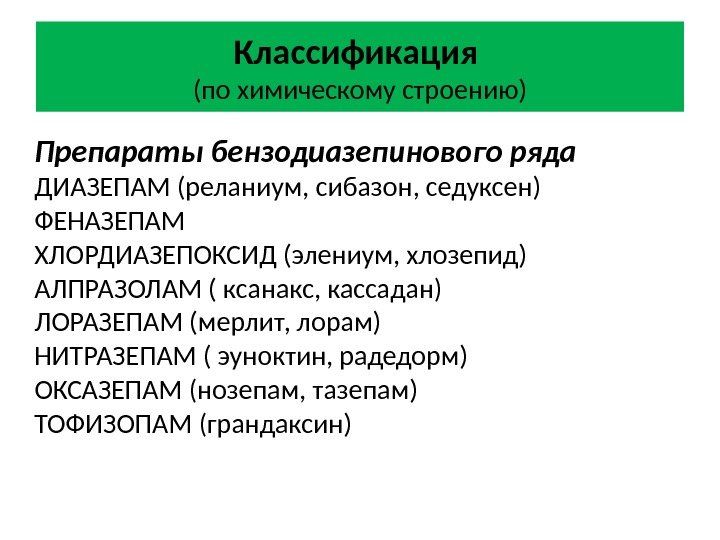 Классификация (по химическому строению) Препараты бензодиазепинового ряда ДИАЗЕПАМ (реланиум, сибазон, седуксен) ФЕНАЗЕПАМ ХЛОРДИАЗЕПОКСИД (элениум,