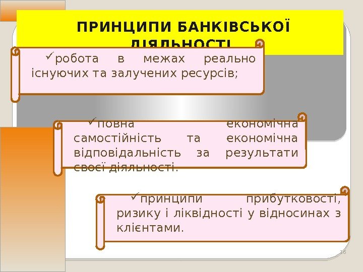  ПРИНЦИПИ БАНКІВСЬКОЇ ДІЯЛЬНОСТІ робота в межах реально існуючих та залучених ресурсів;  повна