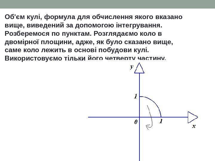 Об'єм кулі, формула для обчислення якого вказано вище, виведений за допомогою інтегрування.  Розберемося