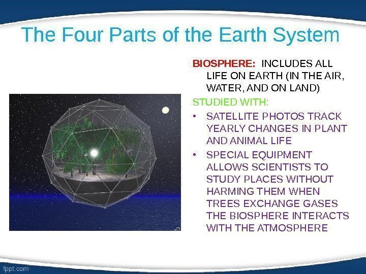 The Four Parts of the Earth System BIOSPHERE:  INCLUDES ALL LIFE ON EARTH