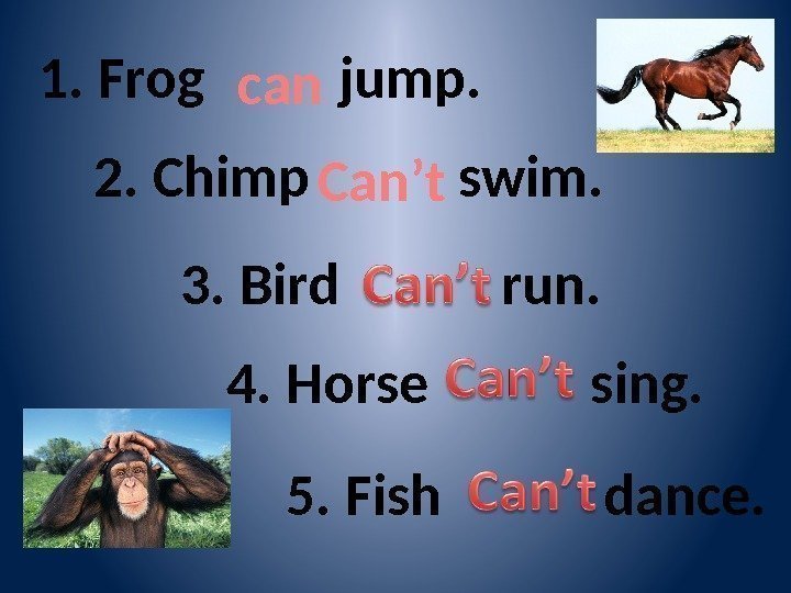 1. Frog   jump. 2. Chimp  swim. 3. Bird  run. 4.