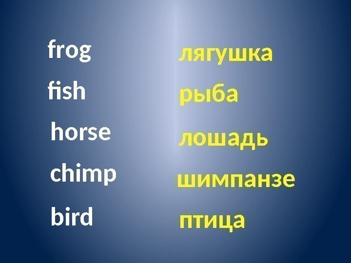 frog fish horse chimp лягушка рыба лошадь шимпанзе bird птица 
