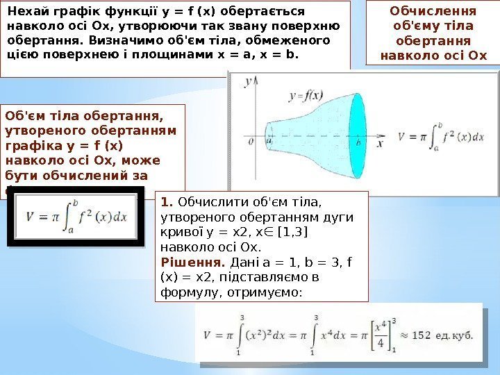 Нехай графік функції y = f (x) обертається навколо осі Ox, утворюючи так звану