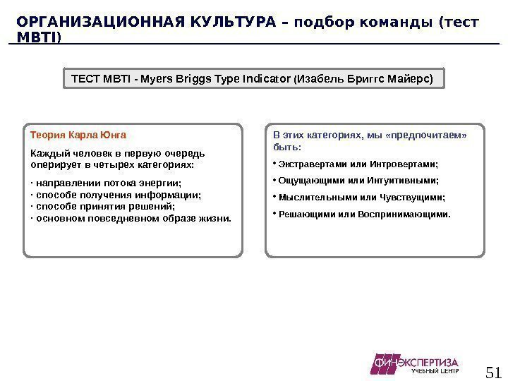 51 ОРГАНИЗАЦИОННАЯ КУЛЬТУРА – подбор команды (тест MBTI) ТЕСТ MBTI -  Myers Briggs