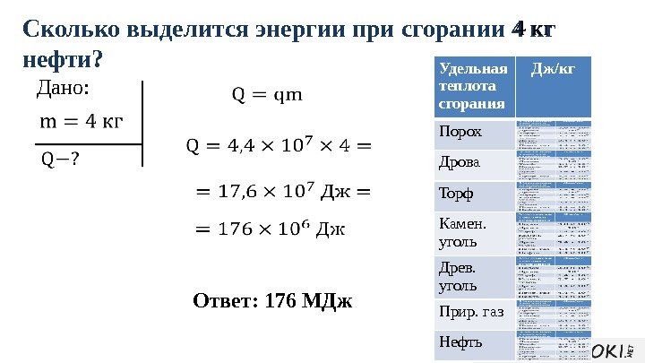 Сколько энергии выделится при сгорании