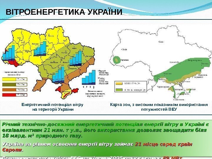 Енергетичний потенціал вітру на території України Карта зон, з високим показником використання потужностей ВЕУ