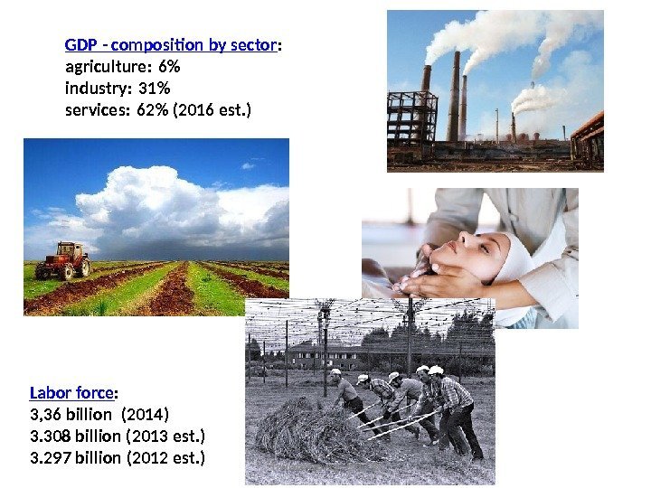 GDP - composition by sector : agriculture: 6 industry: 31 services: 62 (2016 est.