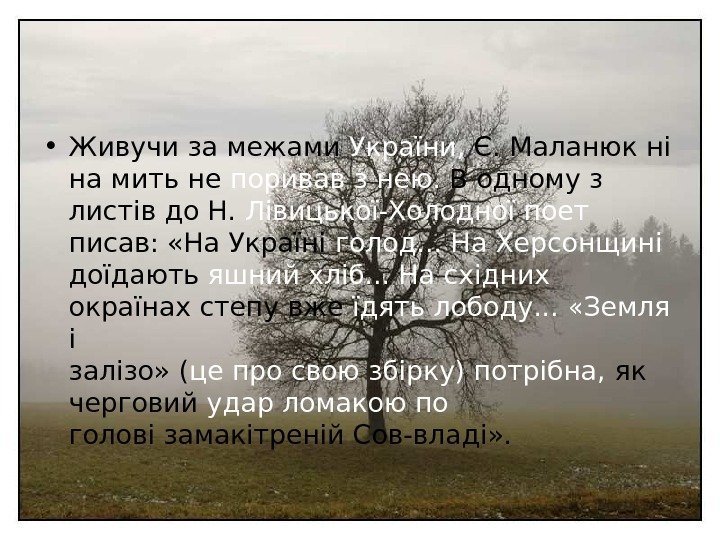   • Живучи за межами України,  Є. Маланюк ні на мить не