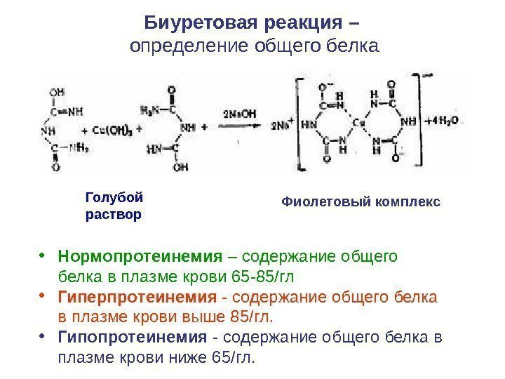 Биуретовая реакция – определение общего белка Фиолетовый комплекс. Голубой раствор • Нормопротеинемия – содержание