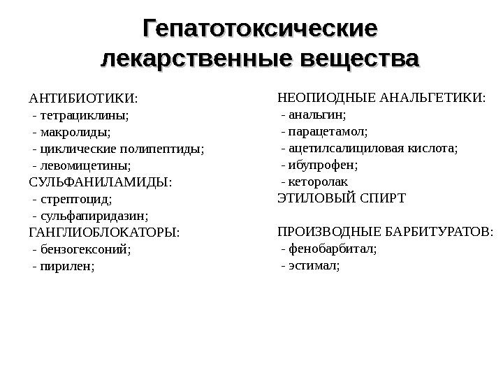 Гепатотоксические лекарственные вещества АНТИБИОТИКИ:  - тетрациклины;  - макролиды;  - циклические полипептиды;