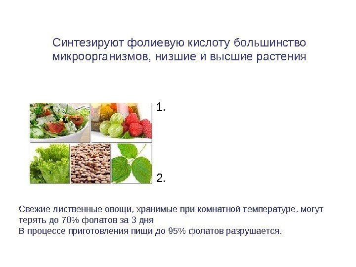 1. пища (много в зелёных овощах с листьями, в некоторых цитрусовых, в бобовых, в