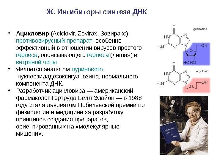 Ж. Ингибиторы синтеза ДНК  • Ацикловир (Aciclovir, Zovirax, Зовиракс) — противовирусный препарат ,